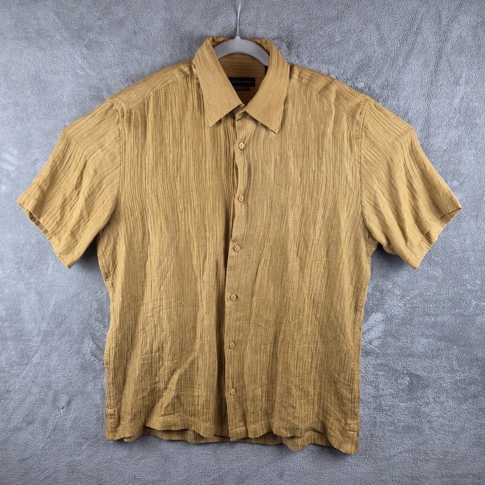 Jhane Barnes Shirt Mens L Silk Linen Crinkle Short Sleeve Button Light Brown